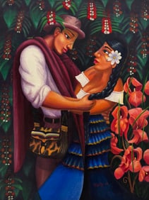 Monumental Latin American School Scene Of Lovers Embracing Signed Oil Painting