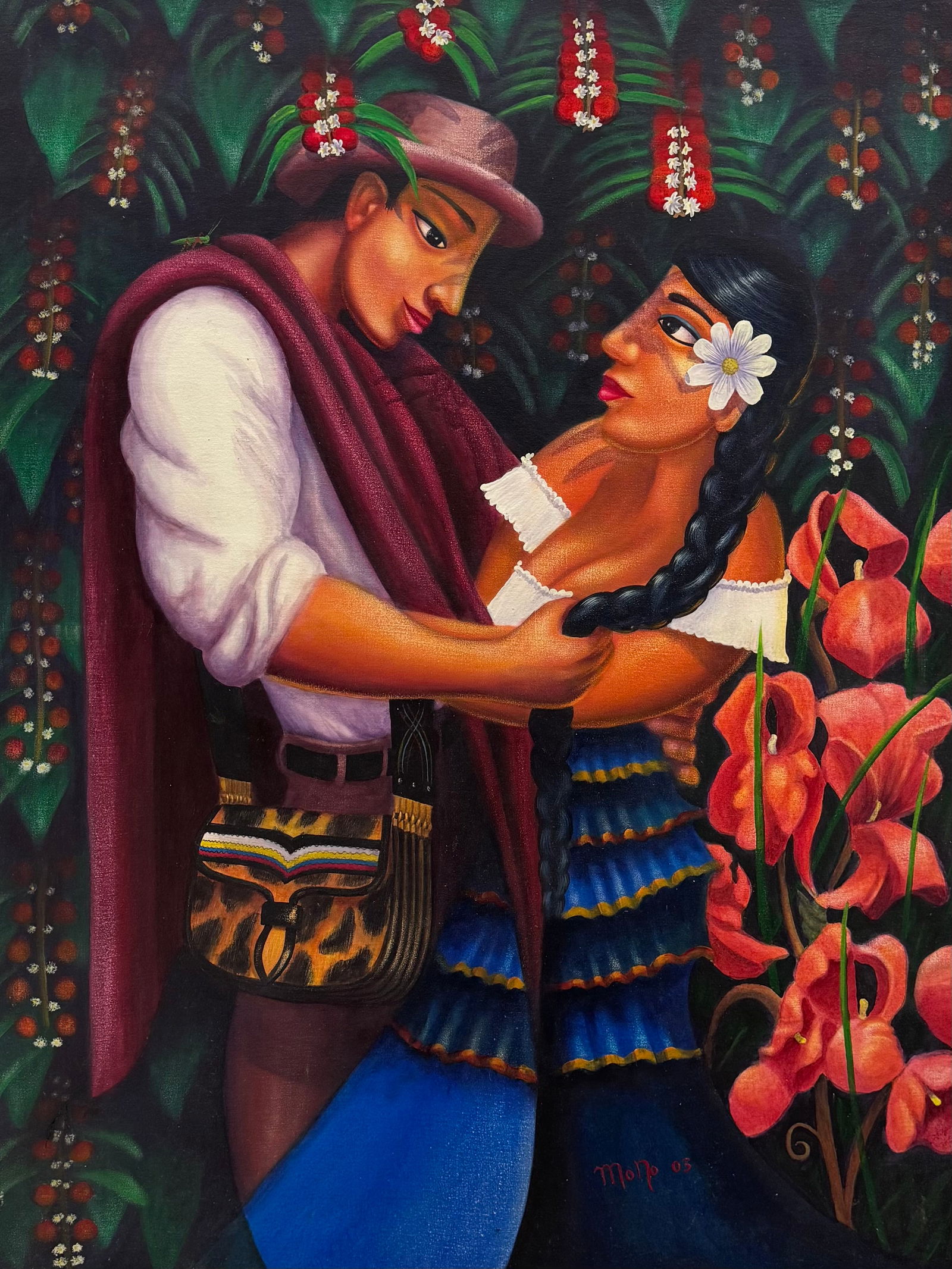 Monumental Latin American School Scene Of Lovers Embracing Signed Oil Painting (1 of 3)