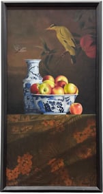 Monumental Still Life Of Apples With Bird Signed Oil On Canvas Painting 76"