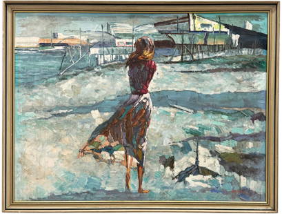 HYUN BO YOO (1946-2010, South Korea, Florida) Woman On Beach: Oil on canvas 40 x 30 in, 43 x 33 in (framed). Domestic Flat Shipping Price: $110