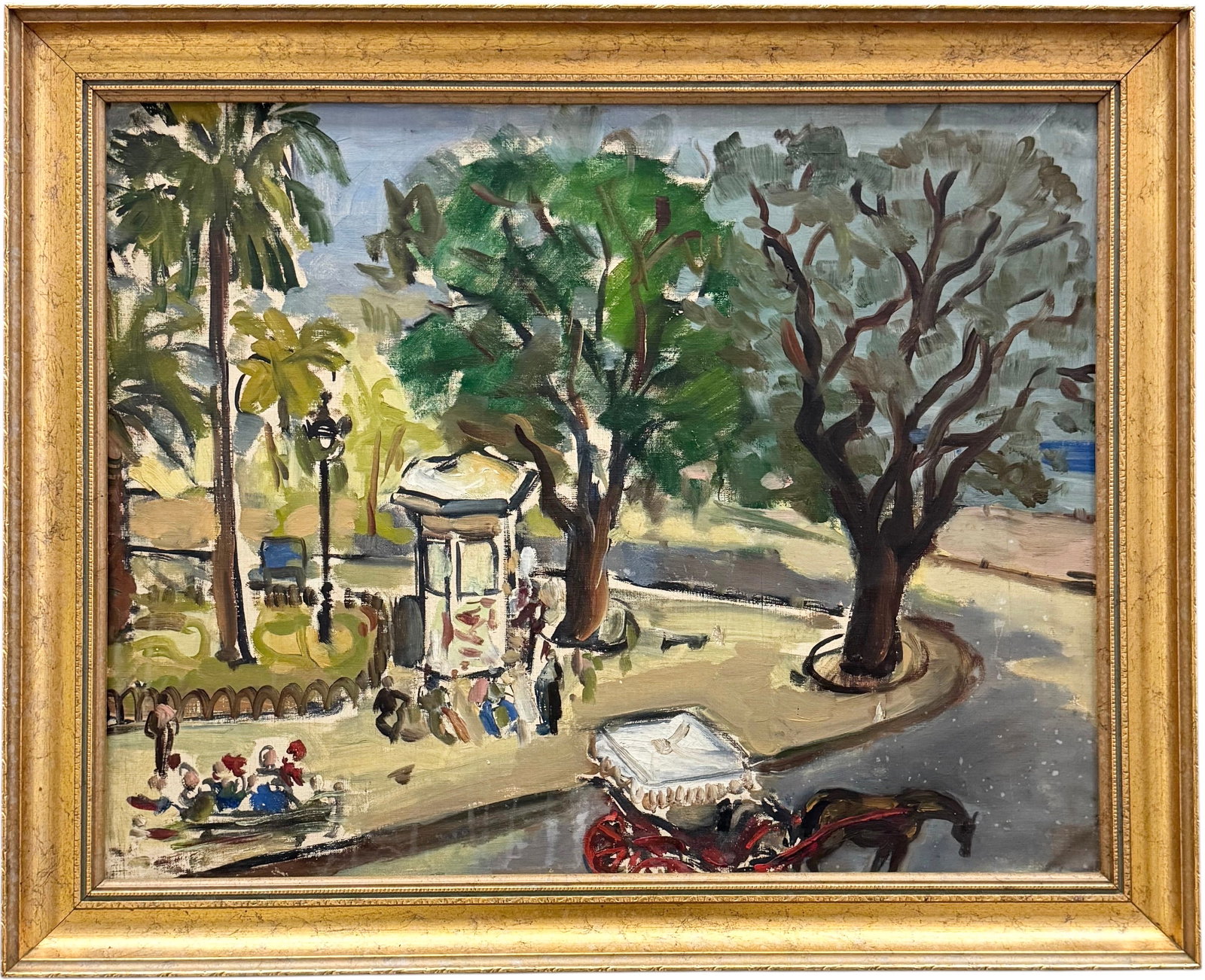 1940's Italian School Modernist Street Scene Oil Painting On Canvas: Some writing verso, appears to be Italian. Oil on canvas 37 x 21.5 in, 31.5 x 26 in (framed). Domestic Flat Shipping Price: $90