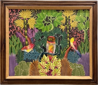 Vintage Haitian School June Scene With Birds Signed Oil On Canvas Painting