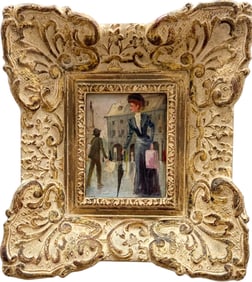 Nicely Framed Paris School Impressionist Street Scene Woman With Parasol Oil Painting