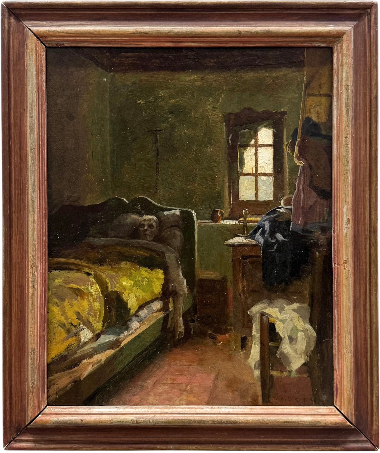 WILLIAM DE LEFTWICH DODGE (1867-1935, American) "The Death Of Pere Jean": William de Leftwich Dodge. Signed lower right and titled verso. Oil on board 15 x 12 in, 18 x 15 in (framed). Domestic Flat Shipping Price: $65. Born in Liberty, VA on March 9, 1867, William Dodge stu