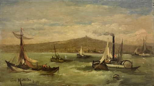 Early Nautical Seascape With Boats Of The Coast Off Montevideo Uruguay Oil On Wood