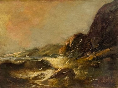19th Century English School Nautical Seascape With Waves Crashing Oil On Canvas