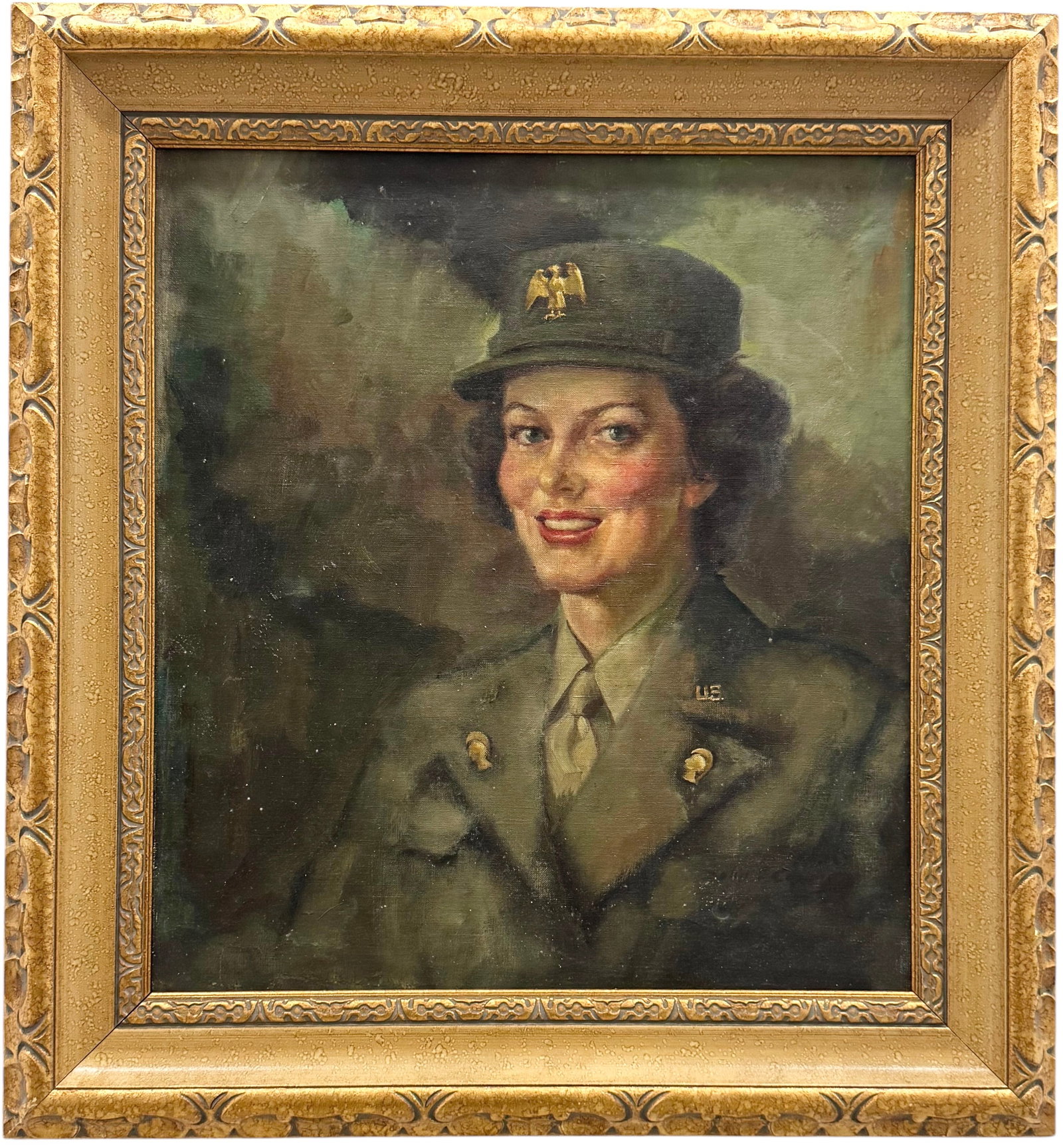 JOHN COPPIN (1904-1986, Michigan, Ontario) "Sydney Coppin In Uniform": Oil on board 22 x 20 in, 28.5 x 26.5 in (framed). Domestic Flat Shipping Price: $90. John Coppin was born in Mitchell, Ontario. Settling in Bloomfield Hills, Michigan, he became a prominent portrait p