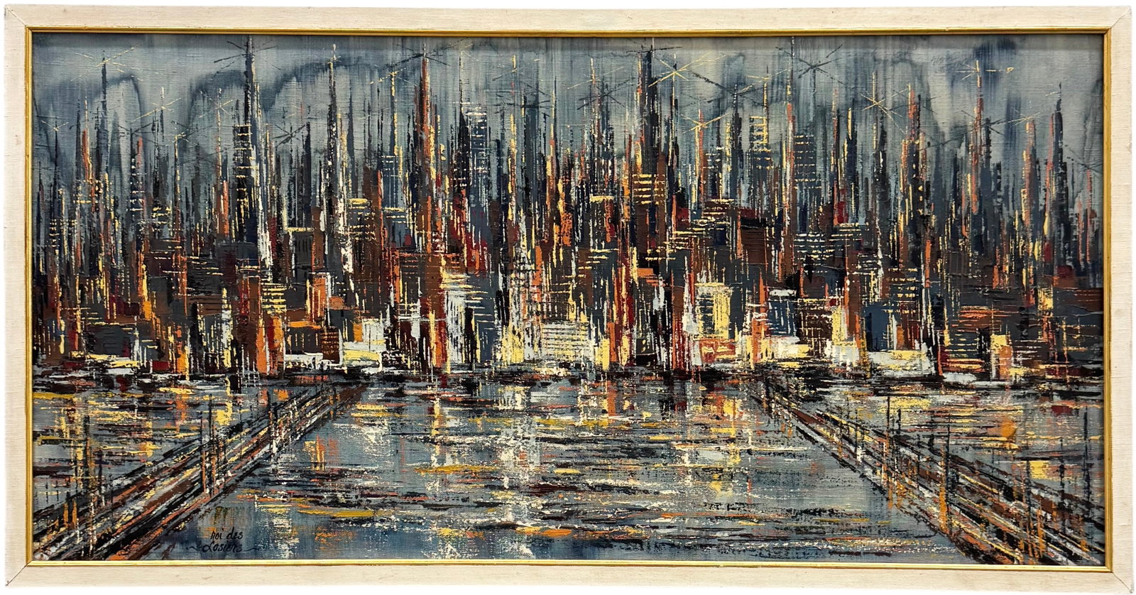 Rois Des Losiers, Mid-Century Modern American School Chicago Cityscape: Oil on canvas 40 x 20 in. Domestic Flat Shipping Price: $90