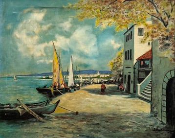 European School Coastal Harbor Scene Signed Oil Painting On Canvas