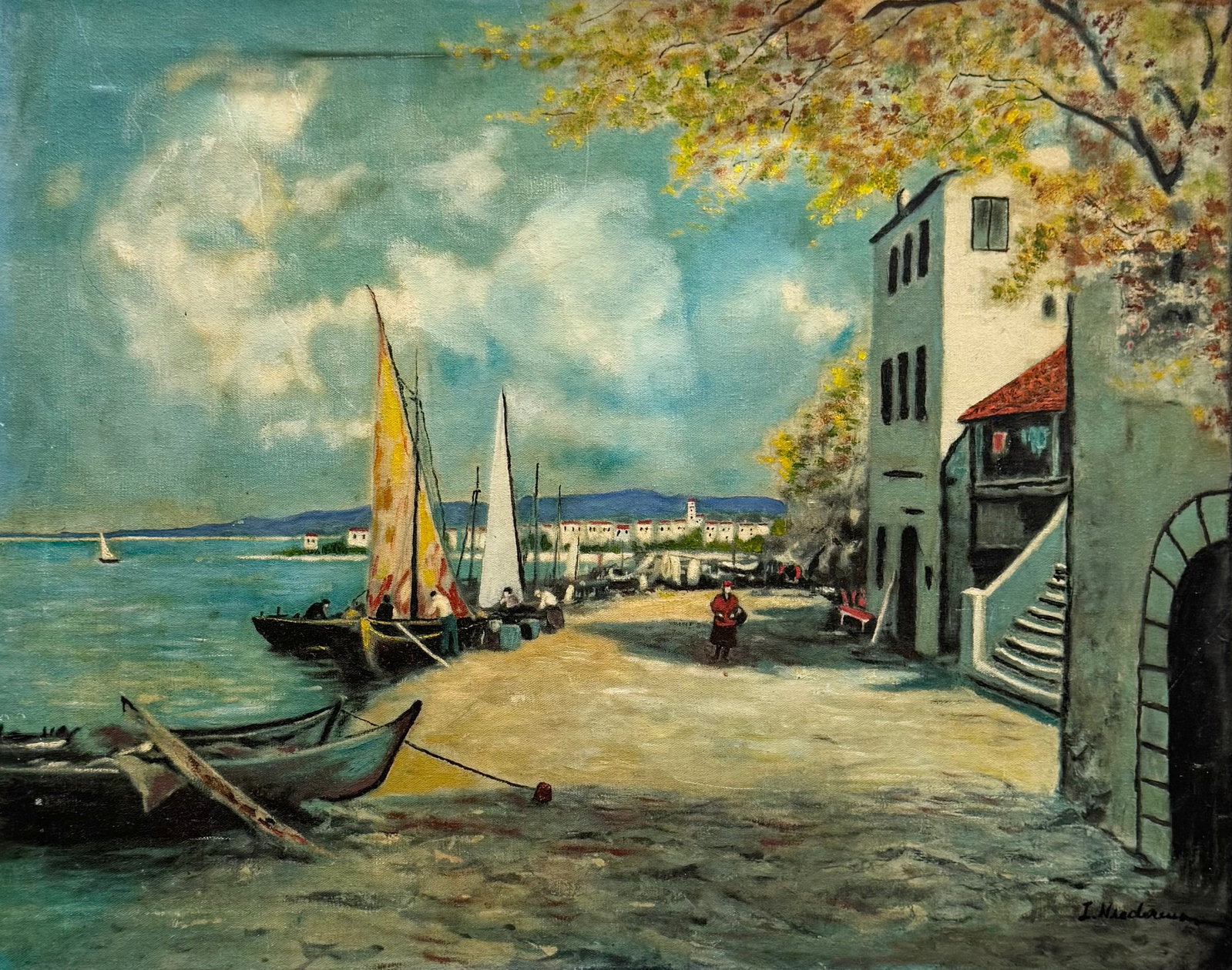 European School Coastal Harbor Scene Signed Oil Painting On Canvas: Oil on canvas 28 x 22 in. Domestic Flat Shipping Price: $80