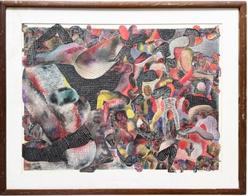 Impressive Abstract With Figures Mixed Media Painting Signed Illegibly Possibly Haitian