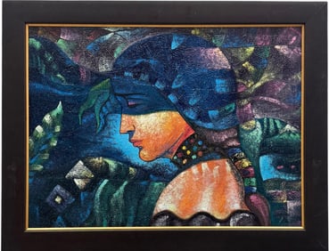 Modernist Figural Abstract Signed Oil On Canvas Painting Signed Illegibly
