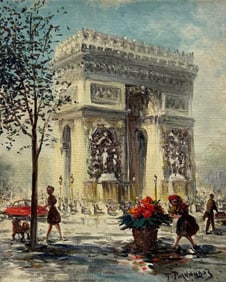 French Paris School Impressionist Signed Street Scene With Arc de Triomphe