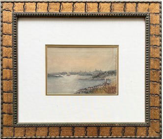 Nicely Framed European School Mediterranean Harbor Scene With Ships Watercolor