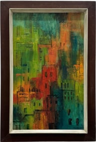 Nicely Framed Mid-Century Modern Cityscape Abstract Signed Oil Painting