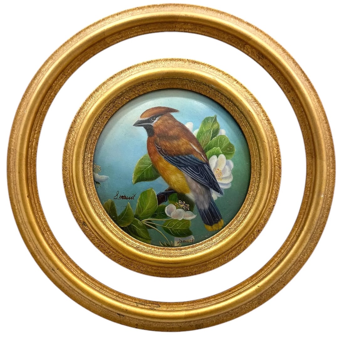 Vintage Painted Porcelain Bird In Round Gold Frame 11.5" Signed: 11.5" Framed. Domestic Flat Shipping Price: $45