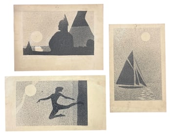 (3) Mid-Century Modern Silhouette Style Woodcut Prints Dancer Indian Sailbost