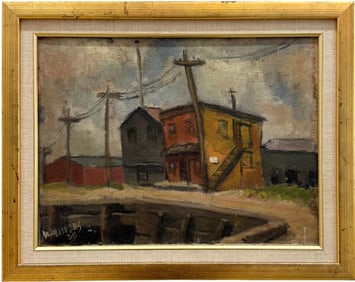 1930's American School WPA Regionalist Street Scene Signed & Dated Oil Painting