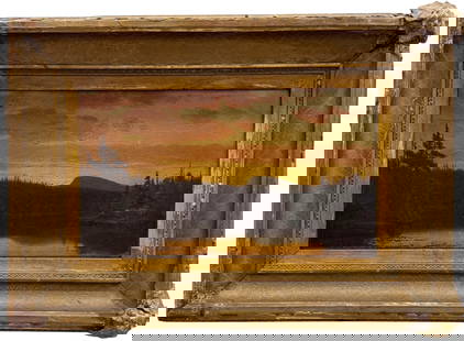 19th Century American Hudson River School River Landscape Luminist Sunset Oil Painting: Artist unknown, could be of importance. Beautiful color. Oil on canvas 14 1/2 x 8 1/2 in, 21 1/4 x 14 1/2 in (framed). Domestic Flat Shipping Price: $80 plus insurance