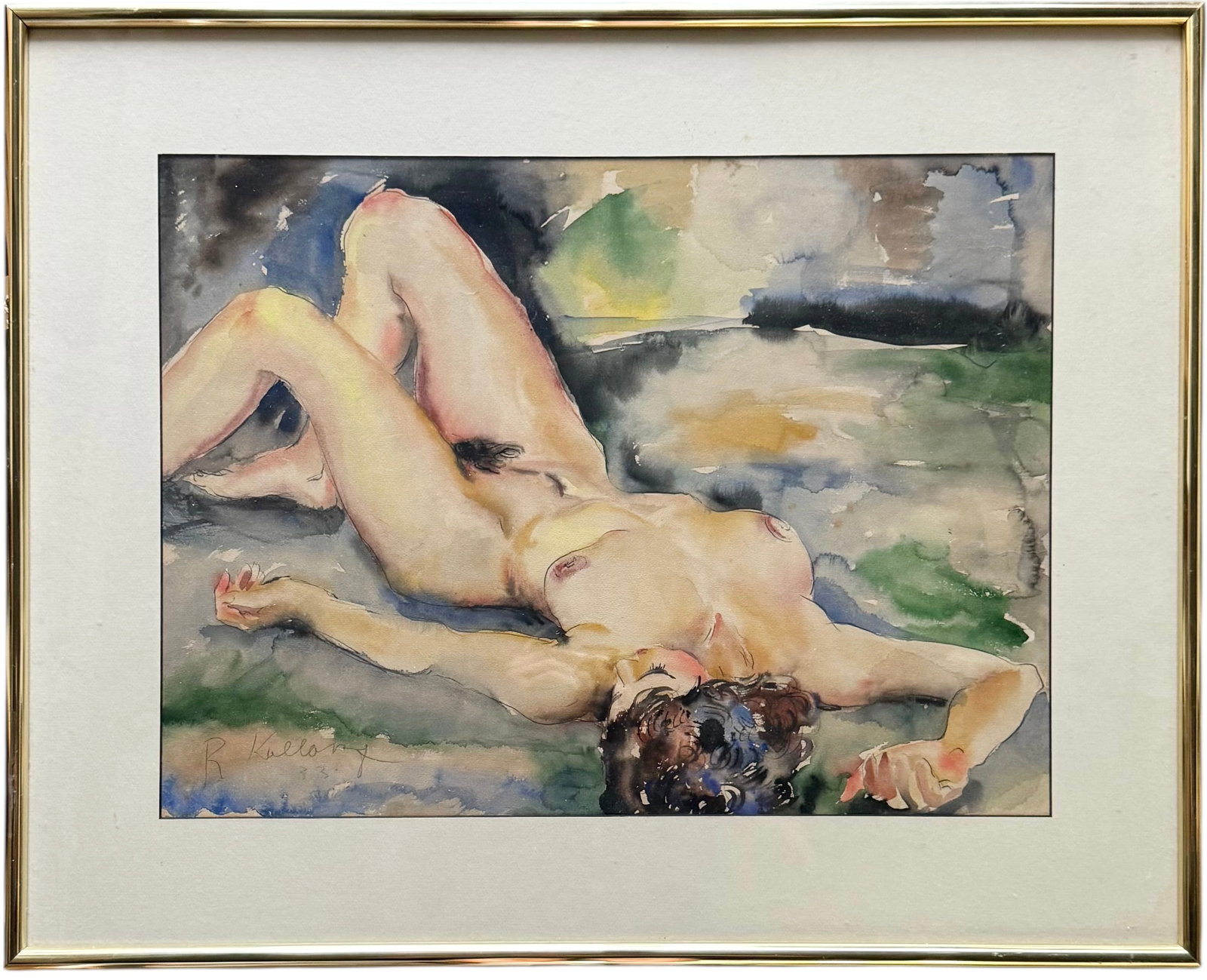 1930's American School Lying Female Nude Signed Watercolor Painting: Watercolor 23 x 17 in (sight), 31 x 25 in (framed). Domestic Flat Shipping Price: $110