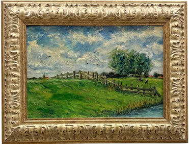 "All Fenced In" American School Impressionist Landscape With Cows