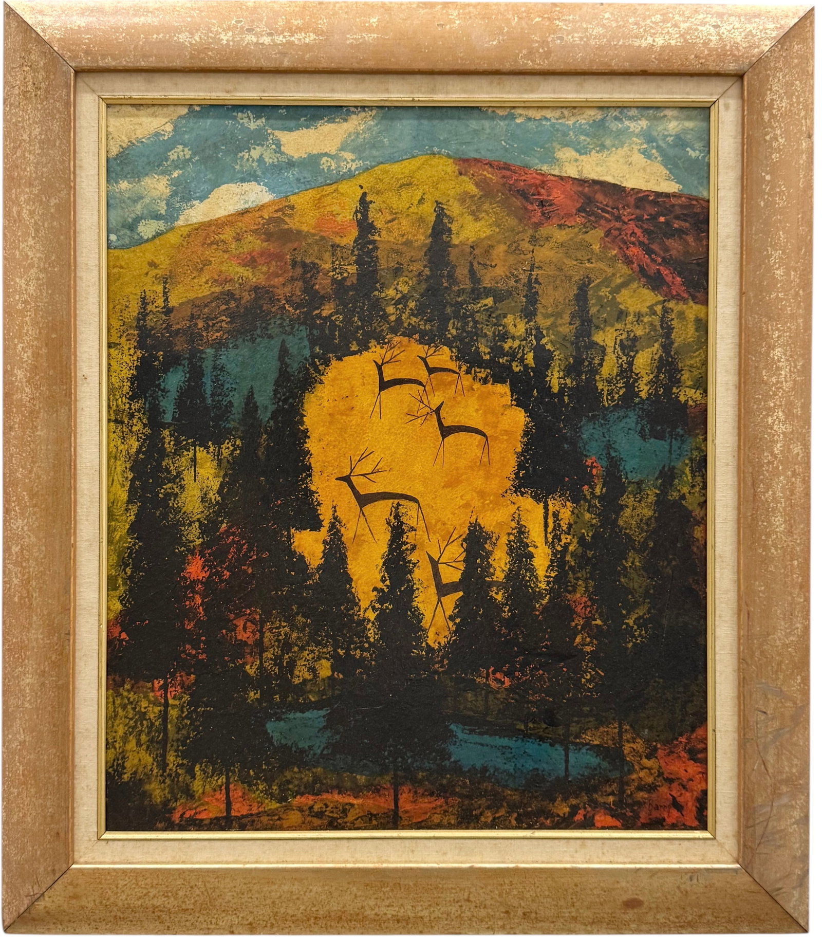 FRANK BARRY (1913-2013, British) Modernist, Mountain Scene With Deer: Oil on board 26 x 22 in, 30.5 x 26.5 in (framed). Domestic Flat Shipping Price: $90