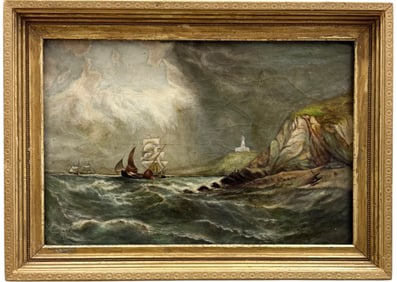 19th Century English School Nautical Seascape With Ships Oil Painting On Canvas