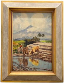 SUJATNO KOEMPOEL (1912-1987, Indonesia) Cattle In Landscape With Volcano
