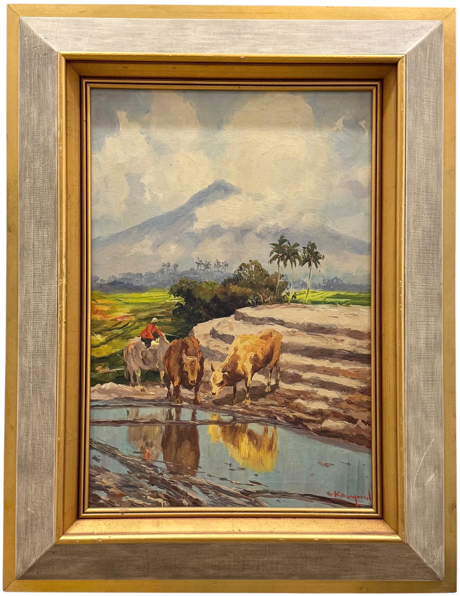 SUJATNO KOEMPOEL (1912-1987, Indonesia) Cattle In Landscape With Volcano: Oil on canvas 24 x 16 in, 32.5 x 25 in (framed). Domestic Flat Shipping Price: $90