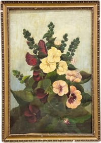 19th Century American School Floral Oil Painting Of Pansies