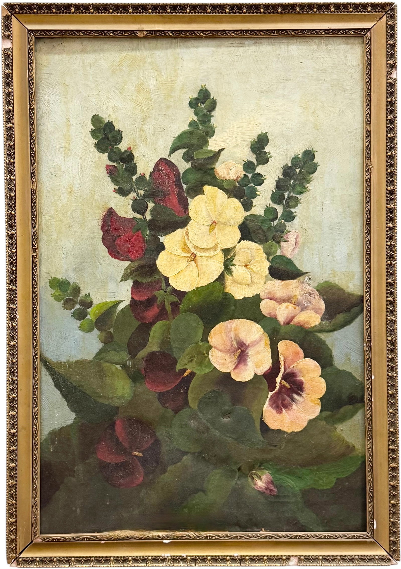 19th Century American School Floral Oil Painting Of Pansies: Flowers. Oil on canvas 16 x 12 in. Domestic Flat Shipping Price: $70