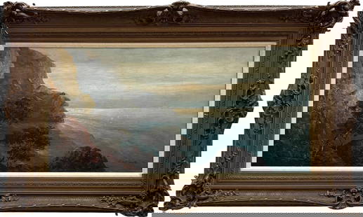 Monumental Italian School Mediterranean Coastal Landscape Oil Painting: Oil on canvas 42 x 21 in, 53.5 x 32.5 in (framed). Domestic Flat Shipping Price: $260