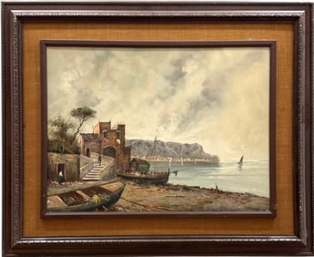 Early 20th Century Italian School Harbor Scene Signed Oil Painting On Canvas