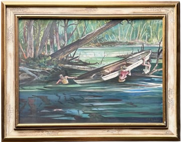 American School Fishing River Scene Men With Boat Signed Nicely Framed Sporting Art