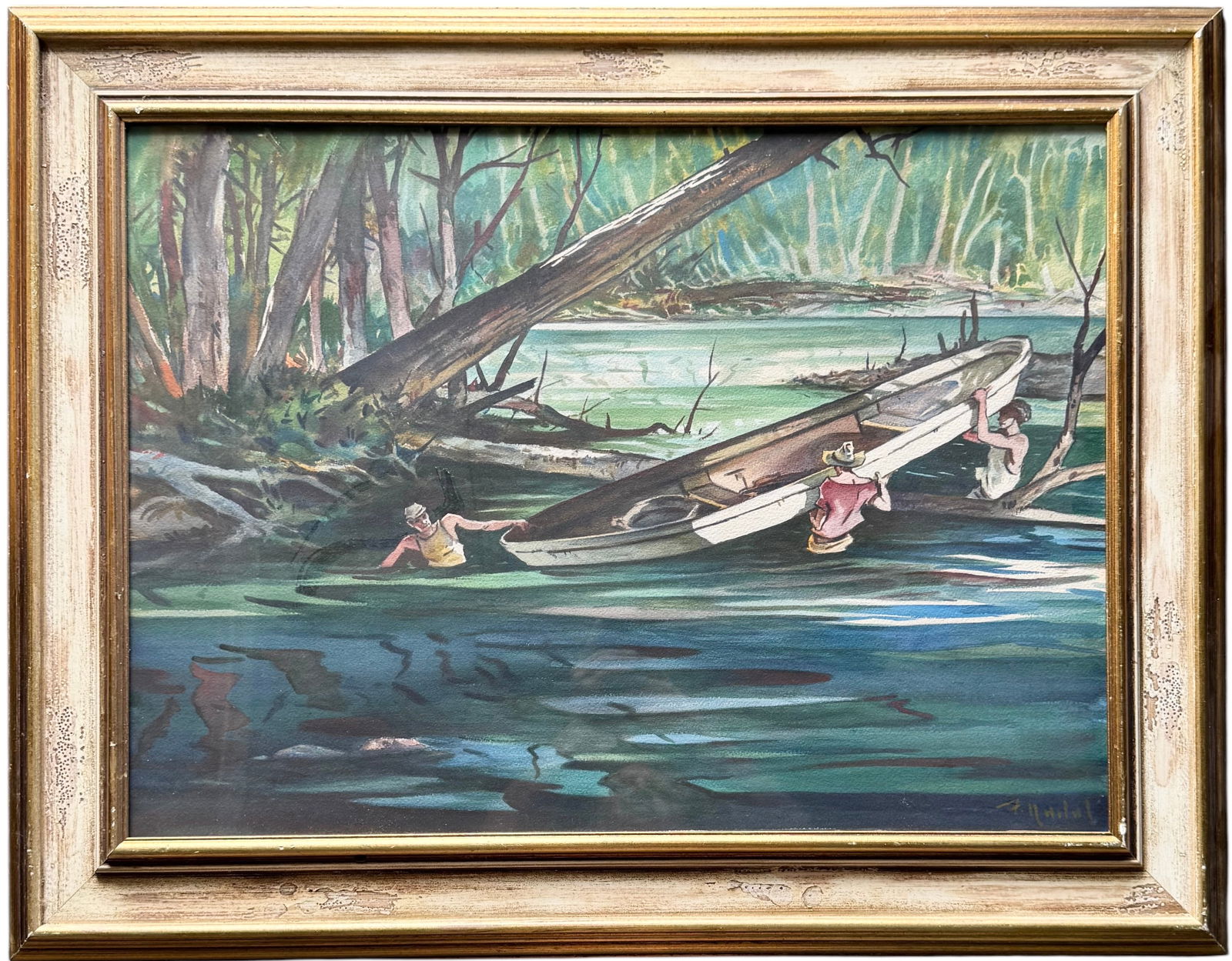American School Fishing River Scene Men With Boat Signed Nicely Framed Sporting Art (1 of 3)
