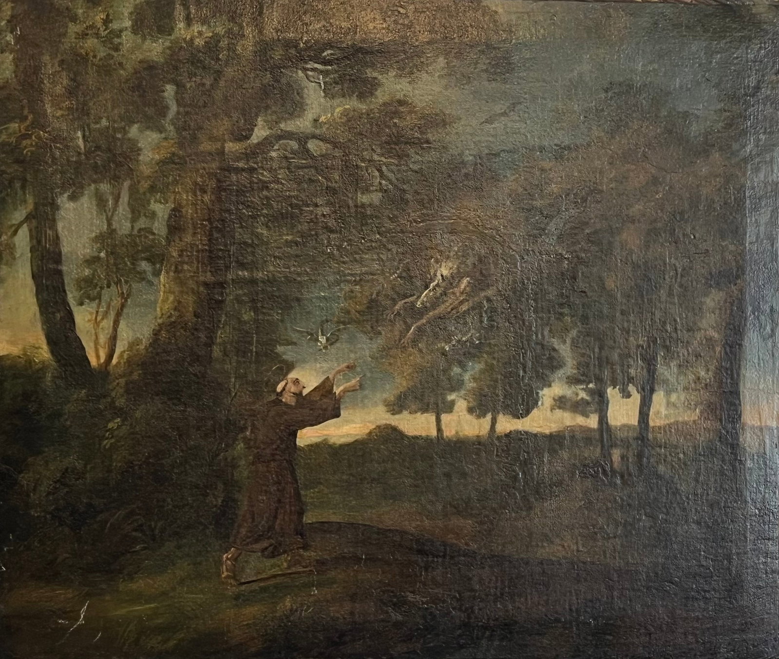 Old Master Oil Painting, Saint Francis of Assisi Exorcising A Demon: Oil painting on canvas 23 3/4 x 28 3/4 in. Located in our New Jersey gallery and must be shipped from there. Domestic Flat Shipping Price: $80