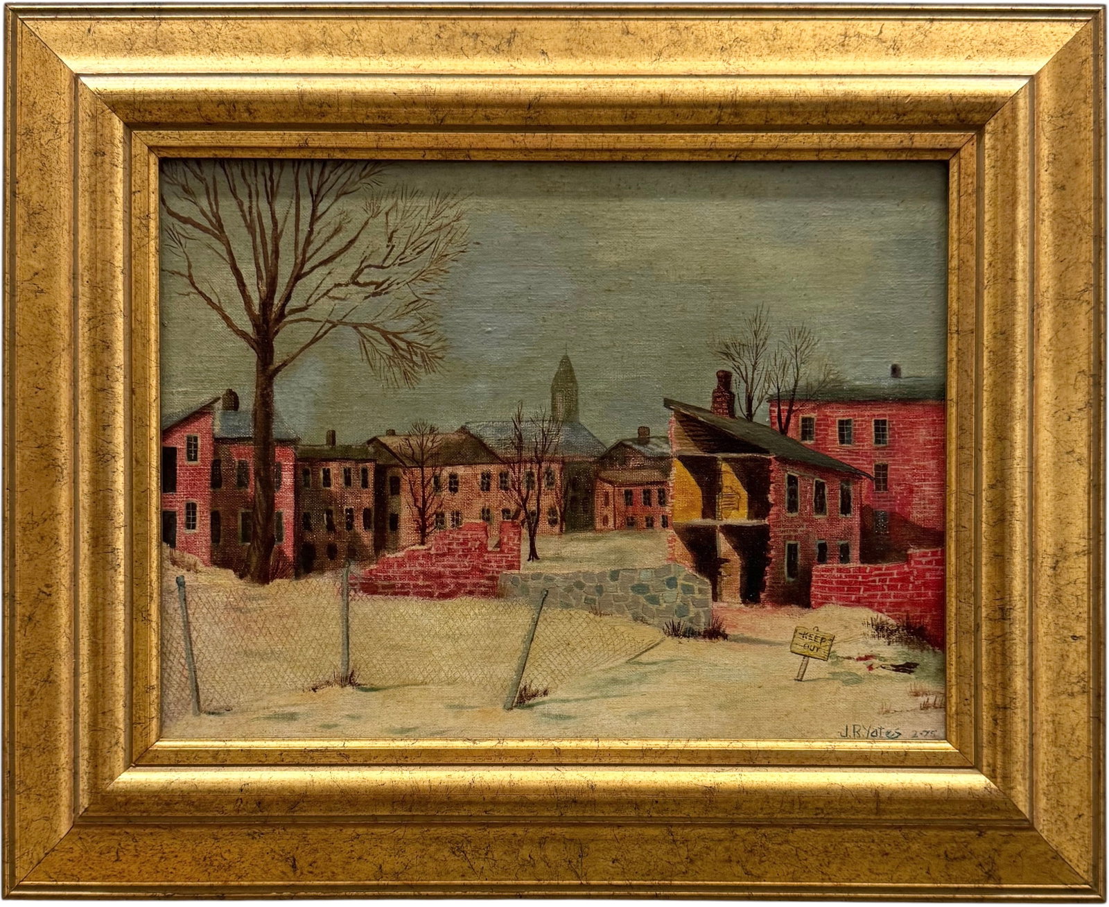 JR YATES (20th c, American) Vintage 1970's Snowy Boston Cityscape: Oil on canvas 16 x 12 in, 21.5 x 17.5 in (framed). Domestic Flat Shipping Price: $70