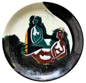 Italian School 1950's Mid-Century Signed Modernist Nudes Ceramic Plate 13.5"