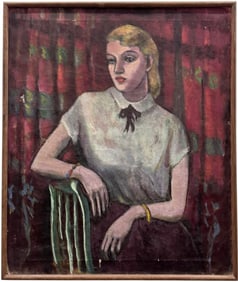Circa 1930's WPA Era Modernist Portrait Of A Young Woman Oil On Canvas