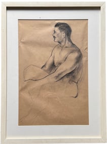 Nicely Framed 1930's American School Seated Male Nude Graphite Drawing