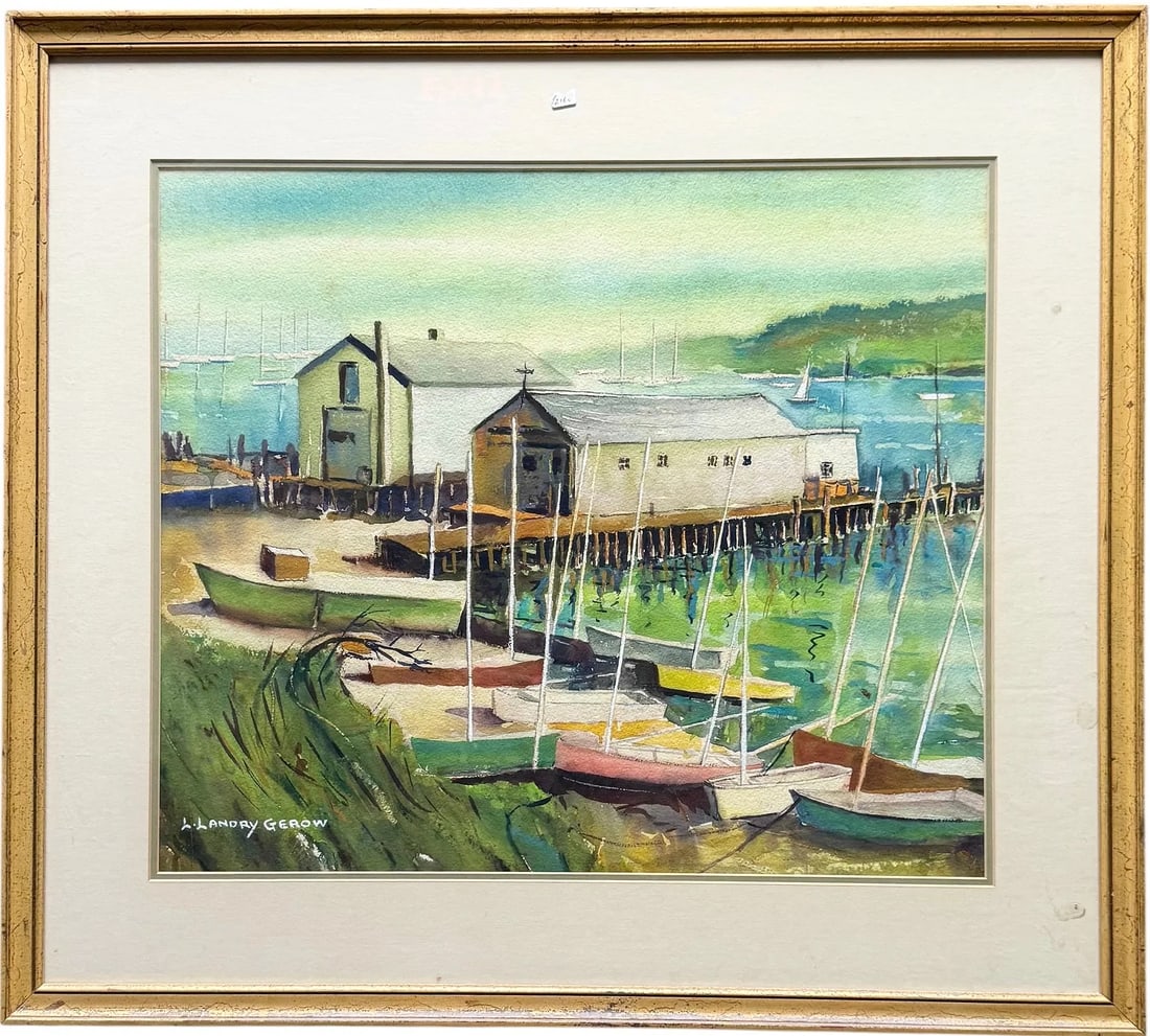LOLA LANDRY GEROW (20th c, American) Harbor Scene: Watercolor 18 x 21 in, 25 3/4 x 28 5/8 in (framed). Domestic Flat Shipping Price: $110