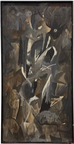 Mid-Century Dark Abstract Expressionist Oil Painting Signed Illegibly