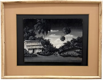 Dominican School Village Landscape Signed H. Dominguez