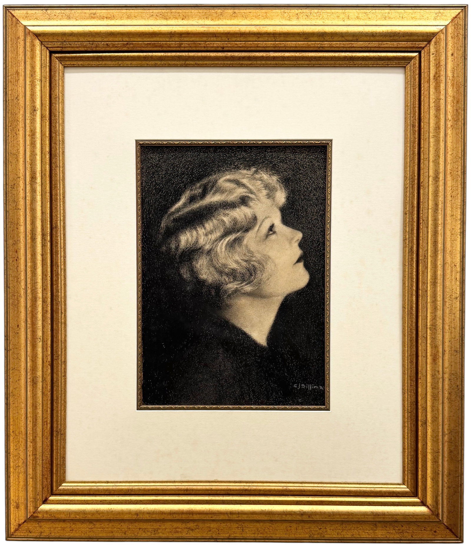 CJ SILLIMAN Art Deco, Old Hollywood Ink Drawing Portrait Of Silent Film Star: Ink 17 x 12 in, 36 x 31 in (framed). Domestic Flat Shipping Price: $120