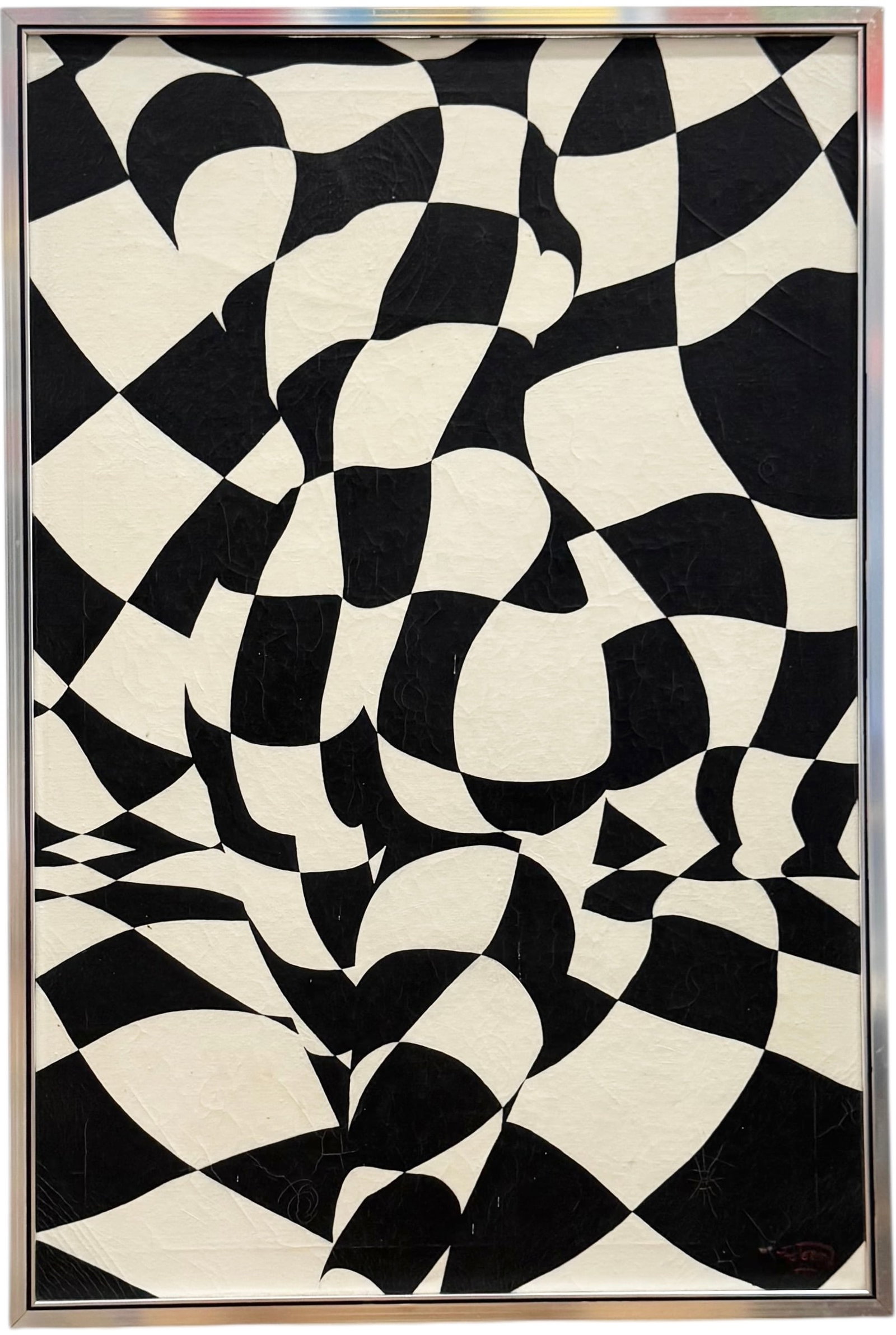 Vintage American School Black & White Op Art Nude Abstract Signed Oil Painting: Oil on canvas 36 x 24 in, 37 x 25 in (framed). Domestic Flat Shipping PriceDimension: $110