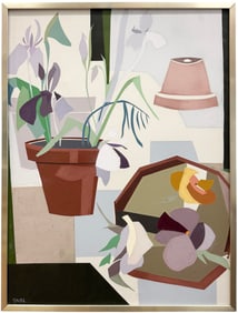 Vintage American School Hard Edge Modernist Still Life Signed Large Oil Painting