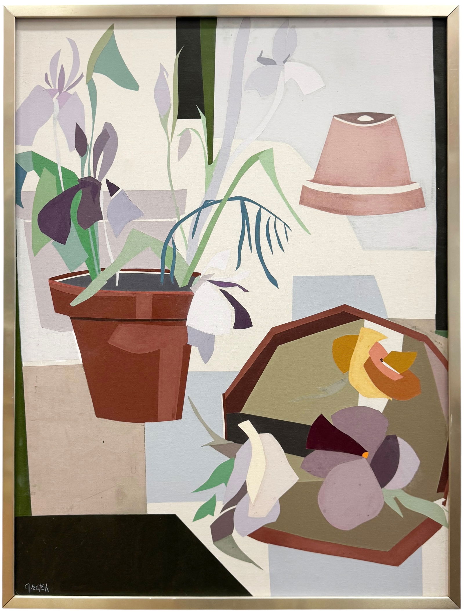 Vintage American School Hard Edge Modernist Still Life Signed Large Oil Painting (1 of 3)