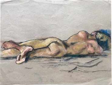 Vintage Lying Male Nude Modernist Signed Pastel Drawing