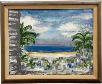 Nicely Framed American School Florida Impressionist Beach Scene Oil Painting On Canvas
