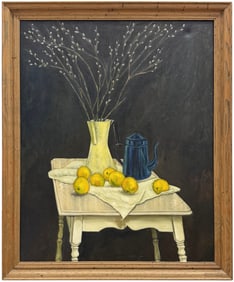 Large American School Modernist Still Life Of Lemons Oil On Canvas Signed Lazorko